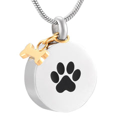 Golden Dog Bone Charm & Paw Print Cremation Urn Necklace