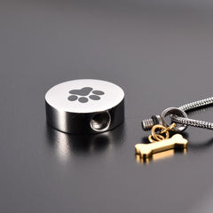 Golden Dog Bone Charm & Paw Print Cremation Urn Necklace