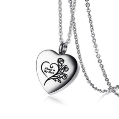 Heart Shaped Cremation Urn Necklace Engraved With Roses & "Always In My Heart"