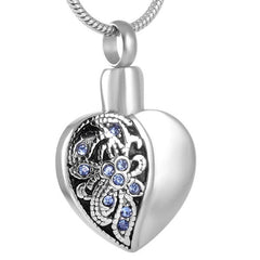 Heart Shaped Cremation Urn Necklace With Blue Rhinestone Flowers