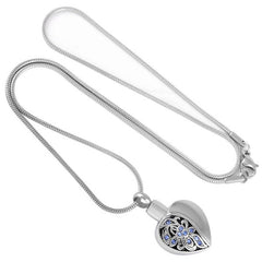 Heart Shaped Cremation Urn Necklace With Blue Rhinestone Flowers
