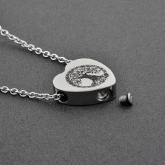 Heart Shaped Cremation Urn Necklace With Etched Tree of Life