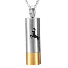 Hunter Silver & Gold Shotgun Shell Cylinder Cremation Urn Necklace With A Deer