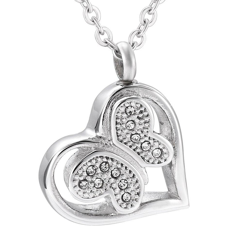 Jeweled Butterfly in Heart Cremation Urn Necklace With Rhinestones