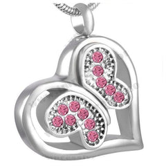 Jeweled Butterfly in Heart Cremation Urn Necklace With Rhinestones