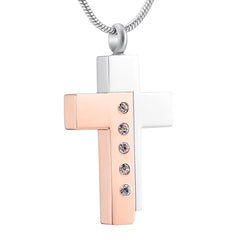 Modern Style Two Tone Cross Cremation Urn Necklace With Gem Rhinestones