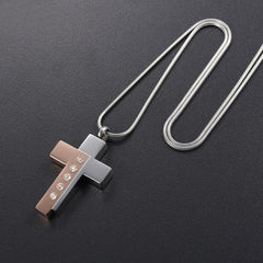 Modern Style Two Tone Cross Cremation Urn Necklace With Gem Rhinestones