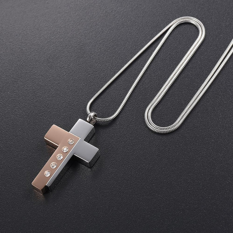 Modern Style Two Tone Cross Cremation Urn Necklace With Gem Rhinestones
