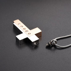 Modern Style Two Tone Cross Cremation Urn Necklace With Gem Rhinestones