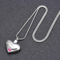 "Mom, Love You Forever" Heart Shaped Cremation Urn Necklace With Rhinestone