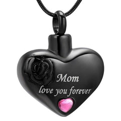 "Mom, Love You Forever" Heart Shaped Cremation Urn Necklace With Rhinestone