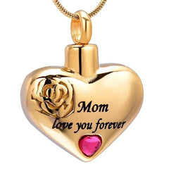 "Mom, Love You Forever" Heart Shaped Cremation Urn Necklace With Rhinestone