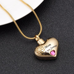 "Mom, Love You Forever" Heart Shaped Cremation Urn Necklace With Rhinestone