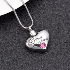 "Mom, Love You Forever" Heart Shaped Cremation Urn Necklace With Rhinestone