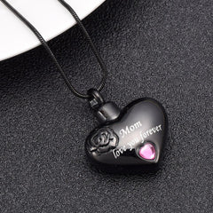 "Mom, Love You Forever" Heart Shaped Cremation Urn Necklace With Rhinestone