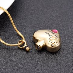 "Mom, Love You Forever" Heart Shaped Cremation Urn Necklace With Rhinestone
