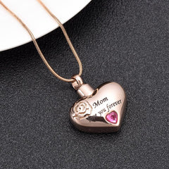 "Mom, Love You Forever" Heart Shaped Cremation Urn Necklace With Rhinestone