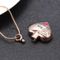 "Mom, Love You Forever" Heart Shaped Cremation Urn Necklace With Rhinestone