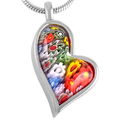 Multi-Color Murano Glass Heart Shaped Floral Cremation Urn Necklace