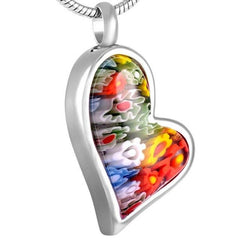 Multi-Color Murano Glass Heart Shaped Floral Cremation Urn Necklace