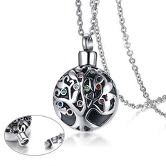 Multi-color Rhinestone Cylinder Tree of Life Cremation Urn Necklace