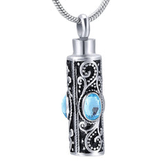 Ornate Cremation Urn Necklace Cylinder with Gemstones