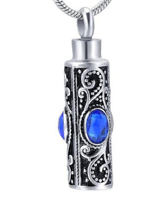 Ornate Cremation Urn Necklace Cylinder with Gemstones