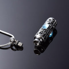 Ornate Cremation Urn Necklace Cylinder with Gemstones