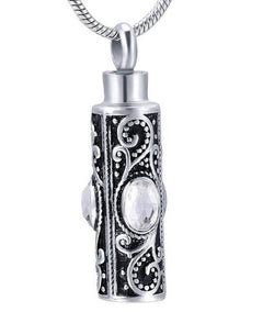 Ornate Cremation Urn Necklace Cylinder with Gemstones