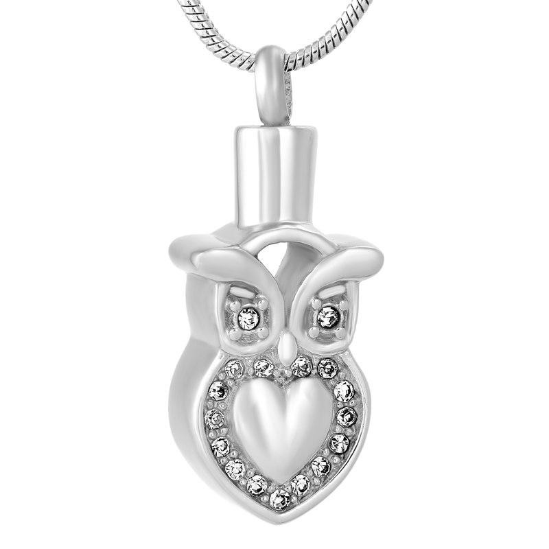 Owl Heart Cremation Urn Necklace With Rhinestones