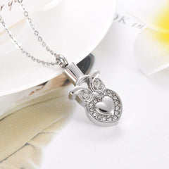 Owl Heart Cremation Urn Necklace With Rhinestones