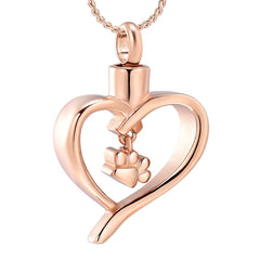 Paw Print In Heart Pet Cremation Urn Necklace