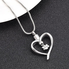 Paw Print In Heart Pet Cremation Urn Necklace