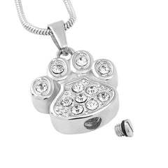 Pet Paw Cremation Urn Necklace With Rhinestones