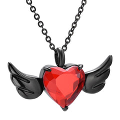 Red Crystal Heart & Angel Wing Cremation Urn Necklace