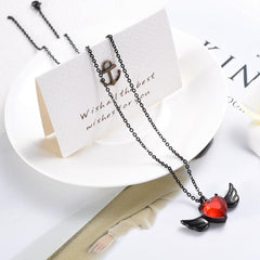Red Crystal Heart & Angel Wing Cremation Urn Necklace