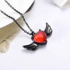 Red Crystal Heart & Angel Wing Cremation Urn Necklace