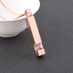 Rose Gold Square Column Cremation Urn Necklace With Gemstone