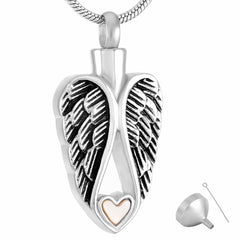 Silver Angel Wings & Heart Cremation Urn Necklace