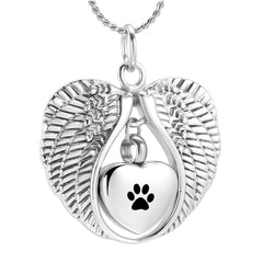 Silver Angel Wings Heart Paw Print Cremation Urn Necklace