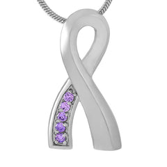 Silver Cancer Ribbon With Lavender Rhinestone Cremation Urn Necklace