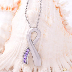Silver Cancer Ribbon With Lavender Rhinestone Cremation Urn Necklace
