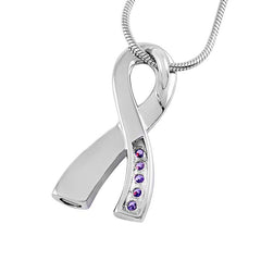 Silver Cancer Ribbon With Lavender Rhinestone Cremation Urn Necklace