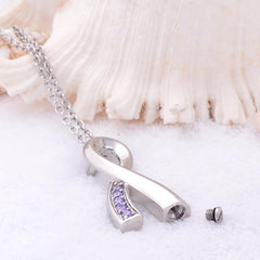 Silver Cancer Ribbon With Lavender Rhinestone Cremation Urn Necklace