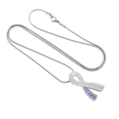 Silver Cancer Ribbon With Lavender Rhinestone Cremation Urn Necklace