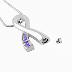 Silver Cancer Ribbon With Lavender Rhinestone Cremation Urn Necklace