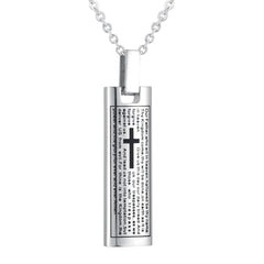 Silver Cremation Urn Necklace Etched With The Lord's Prayer & Cross