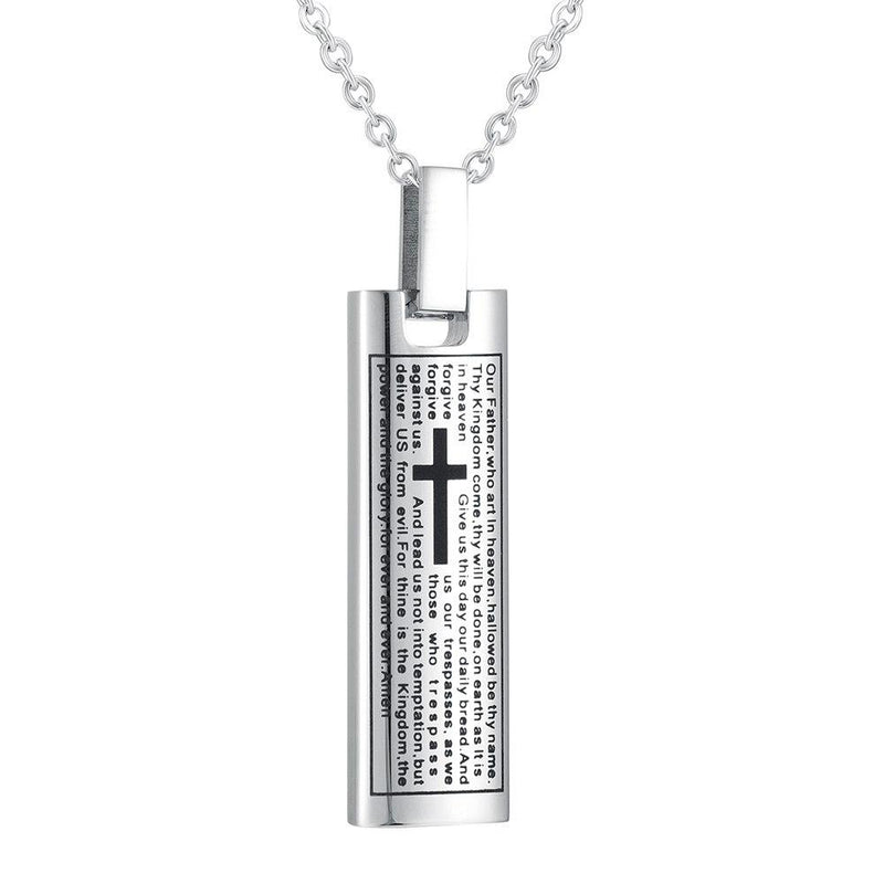 Silver Cremation Urn Necklace Etched With The Lord's Prayer & Cross