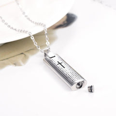 Silver Cremation Urn Necklace Etched With The Lord's Prayer & Cross