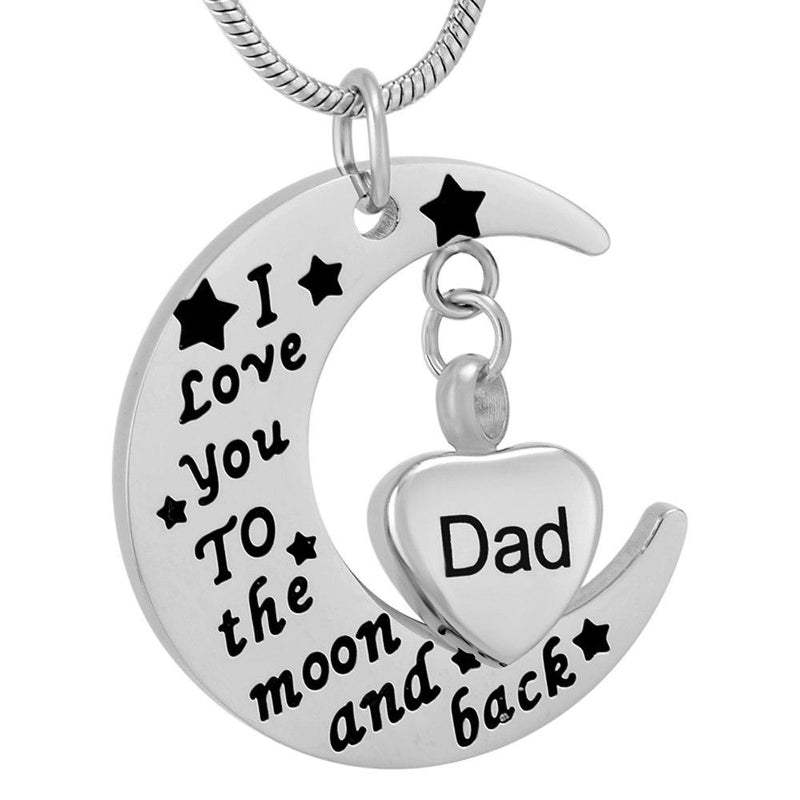 Silver Crescent Moon Etched With 'I Love You To The Moon And Back' Cremation Urn Necklace & Dad Charm